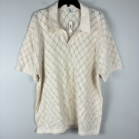 Madewell Men's Waffle-Knit Johnny-Collar Sweater Polo Cream Sz XL Ivory NEW - Picture 3 of 8